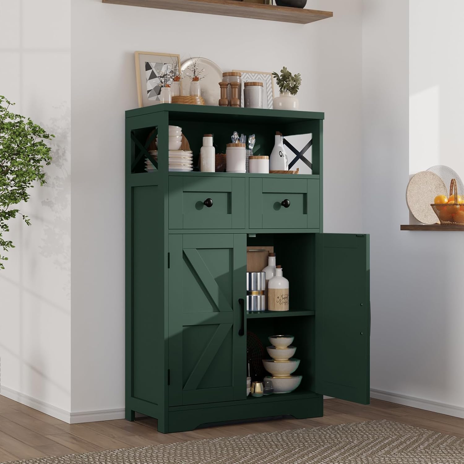 Farmhouse Dark Green Storage Cabinet with Barn Doors and 2 Drawers, Small Freestanding Kitchen Pantry Cabinet, Floor Storage Cabinets Hutch Cupboard for Kitchen, Laundry, Living Room