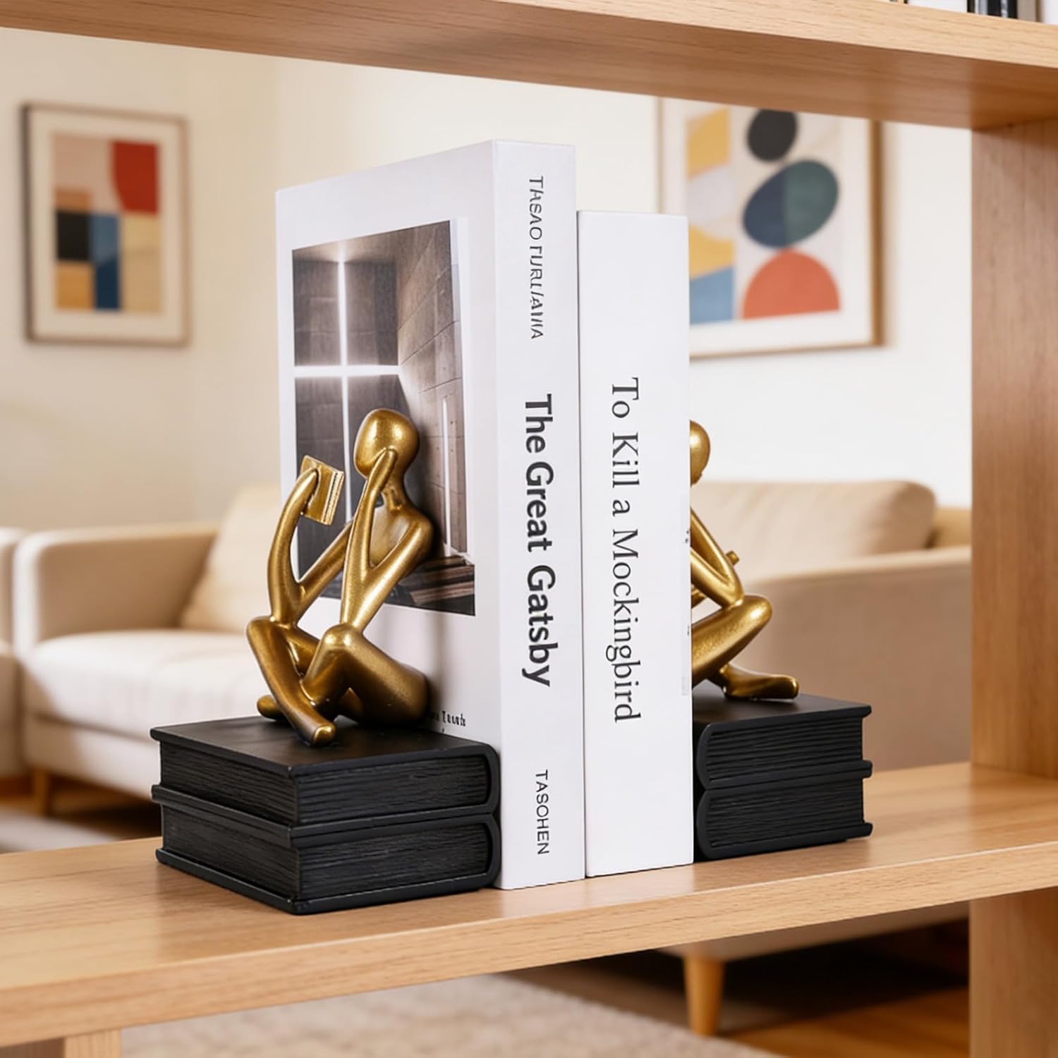 Reading Figurine Book Ends Book Lovers Gifts for Bookshelf Decorations for Readers, Graduates, Students, Teachers, Sculpture Home Decor for Shelves Desk Office Living Room (Black/Gold)