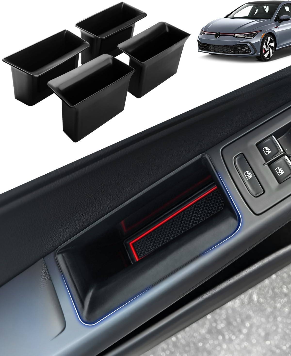 Karltys Door Side Organizer Tray for 2022-2024 VW Volkswagen Golf GTI R MK8 Accessories Front & Rear Door Side Storage Box Grab Handle Pocket Box Insert 4PCS