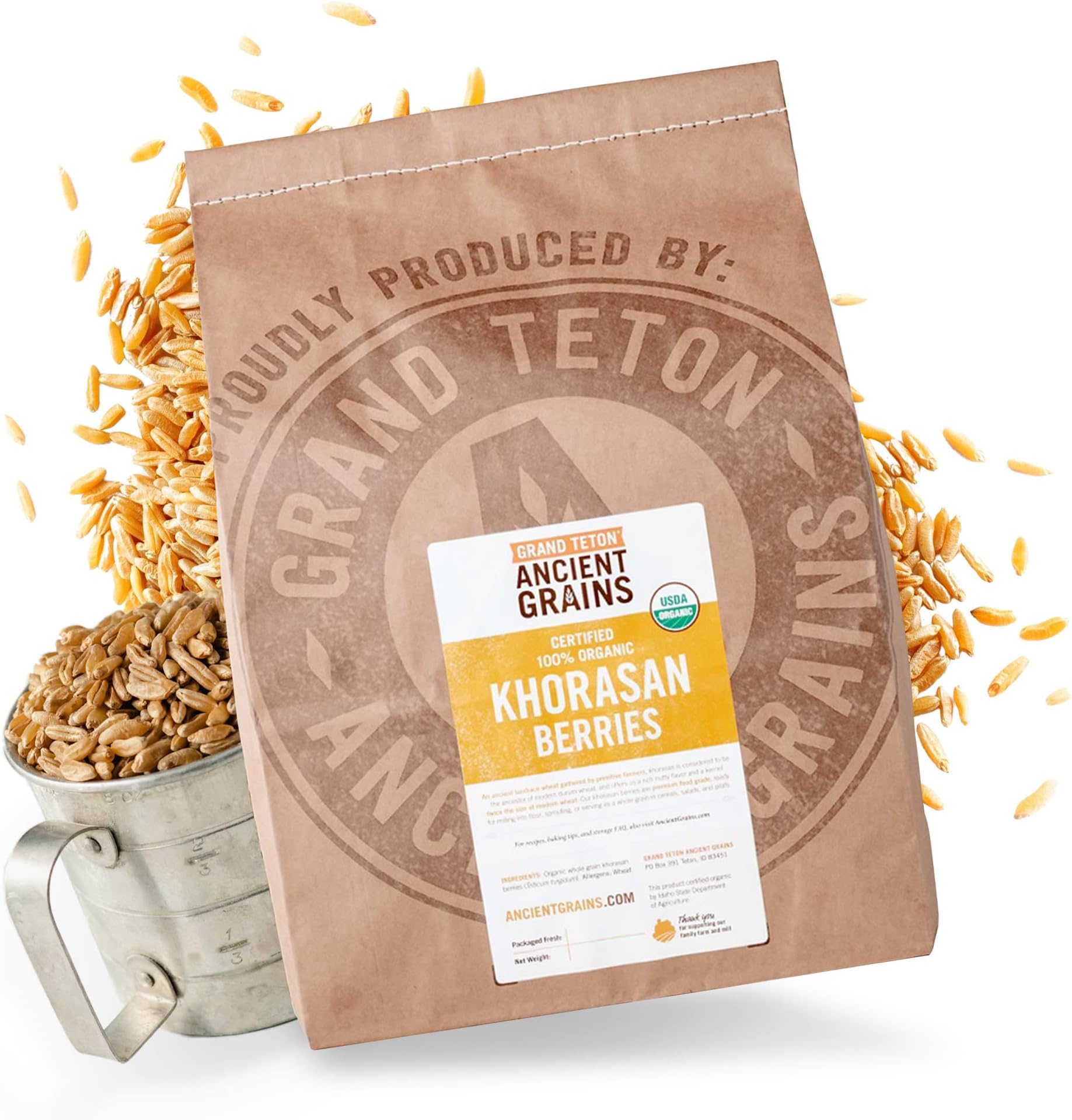 Grand Teton - Ancient Grains Khorasan Wheat Berries, 100% Organic Berries, Premium Food-Grade Khorasan Grain, For Milling, Sprouting, Baking, Salads, Pilafs, & Soups, 25 lbs