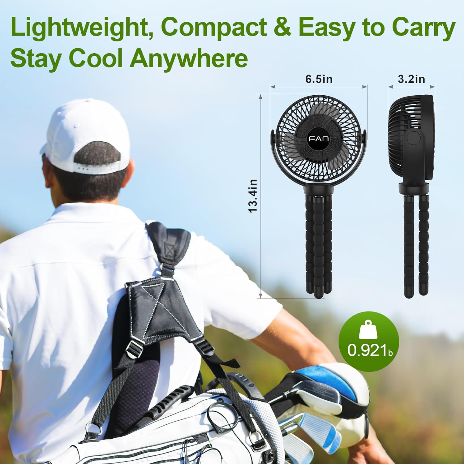 Rechargeable Golf Cart Fan, 10000mAh Battery for 55H Max Runtime, Portable Fan with Flexible Tripod, USB Type-C Charging, 3-Speed & Timer, Compatible with EZGO Club Car Yamaha - Image 7