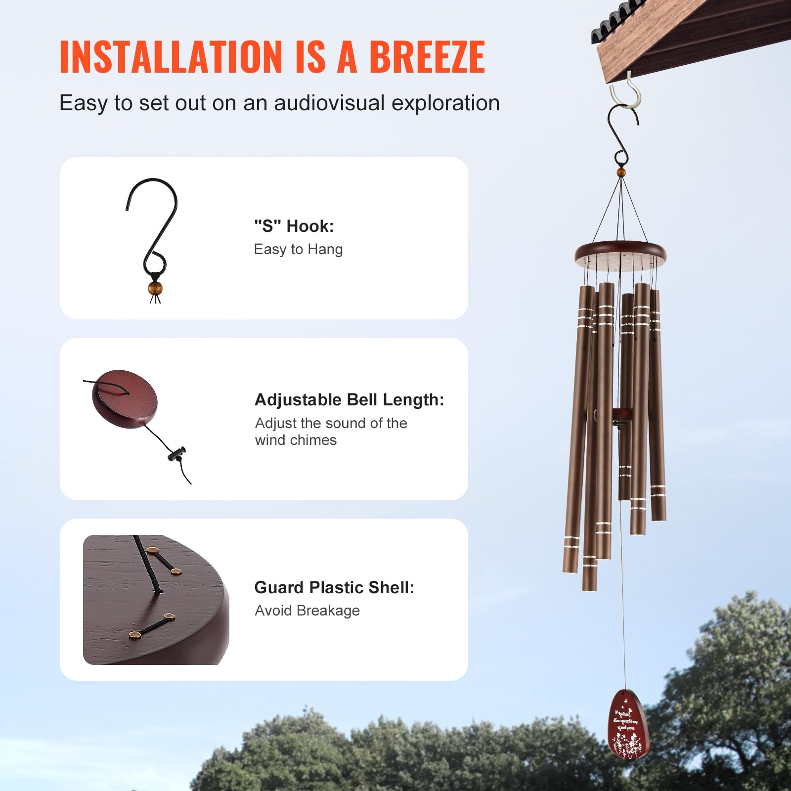 VEVOR Campanelli Eolici per Esterni 1067 mm Campanelli Eolici dai Toni Profondi con 6 Tubi, Decorazioni per Patio, Portico, Giardino, Marrone Scuro