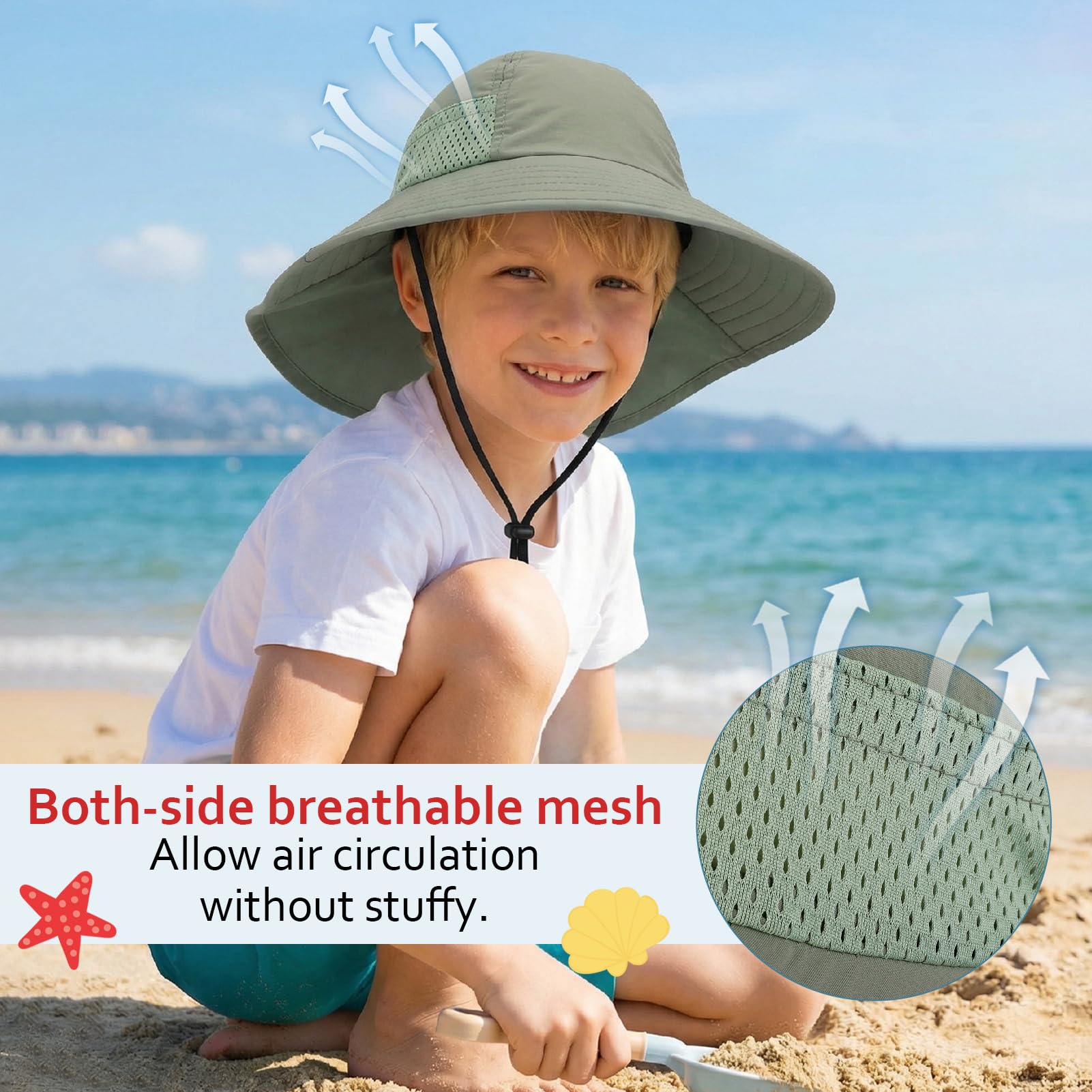 2 Pack Kids Sun Hat with Neck Flap, UV Protection 50+ Wide Brim Summer Beach Hat for Toddler Boys Girls - 5