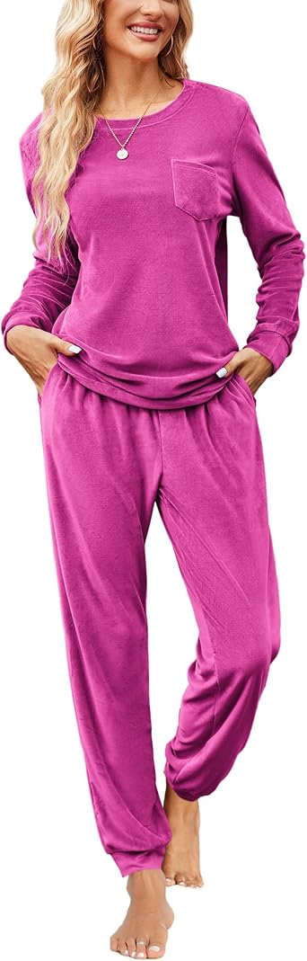 Ekouaer Womens Pajamas Sets Long Sleeve Soft Sleepwear 2 Piece Velvet Pjs Lounge Sets with Pockets