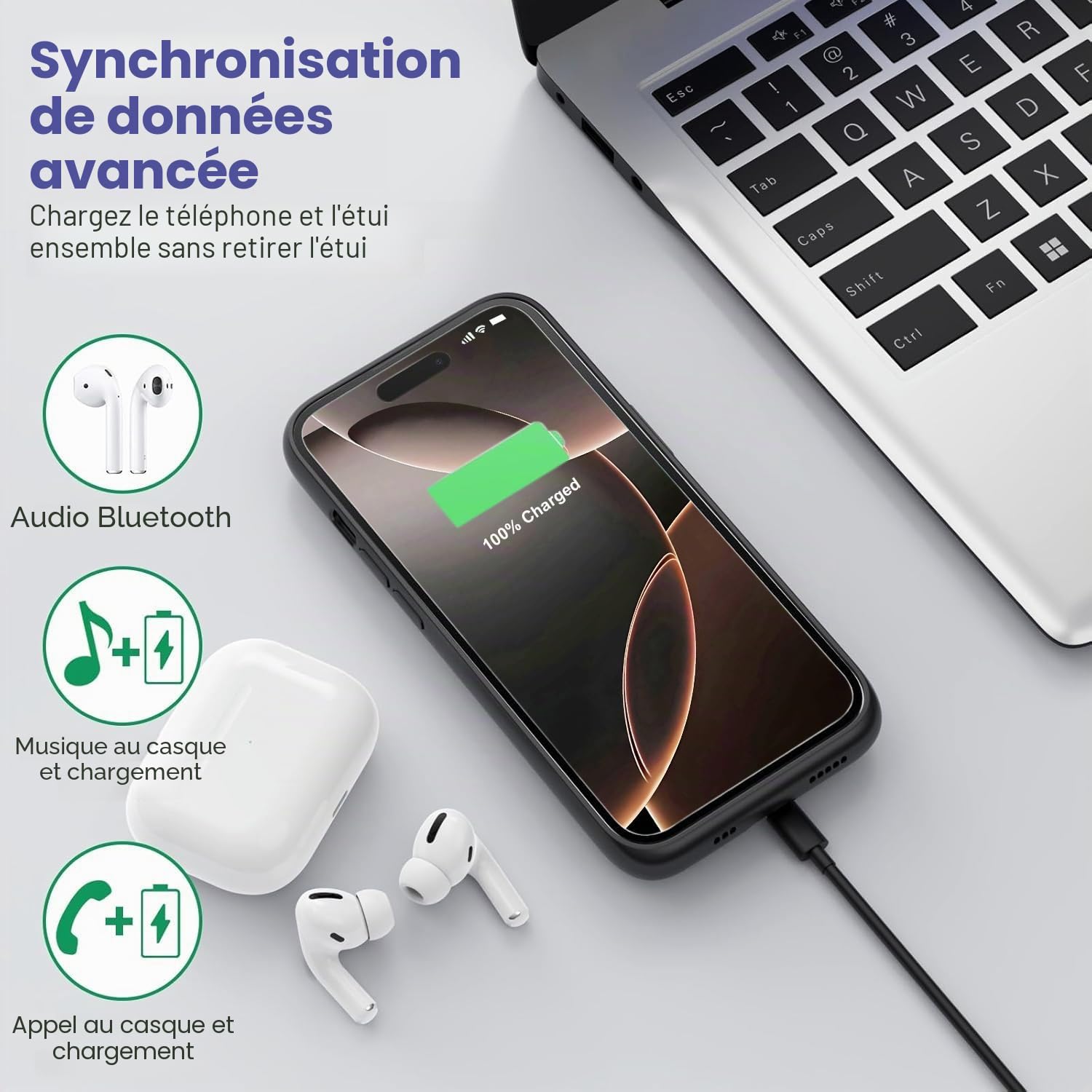 Feob Coque Batterie pour iPhone 16 Pro Max, Puissant 8600mAh 15W Coque Rechargeable Batterie Externe avec écran de Protection en Verre Trempé Chargeur Portable pour iPhone 16 Pro Max(6,9") (A-Noir)