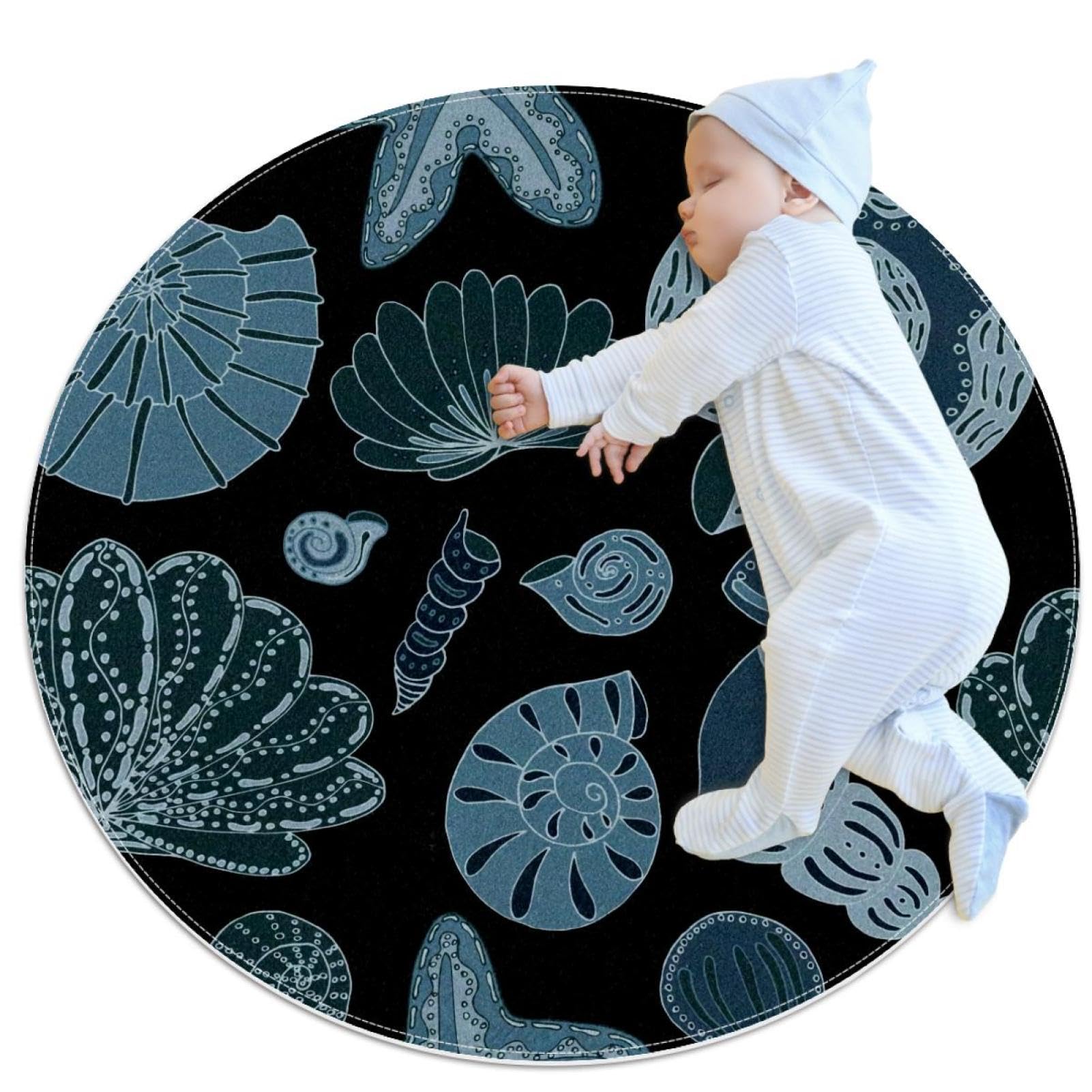 Petit tapis de salle de bain bleu marine coquillages conques tapis antidérapant rond 1m