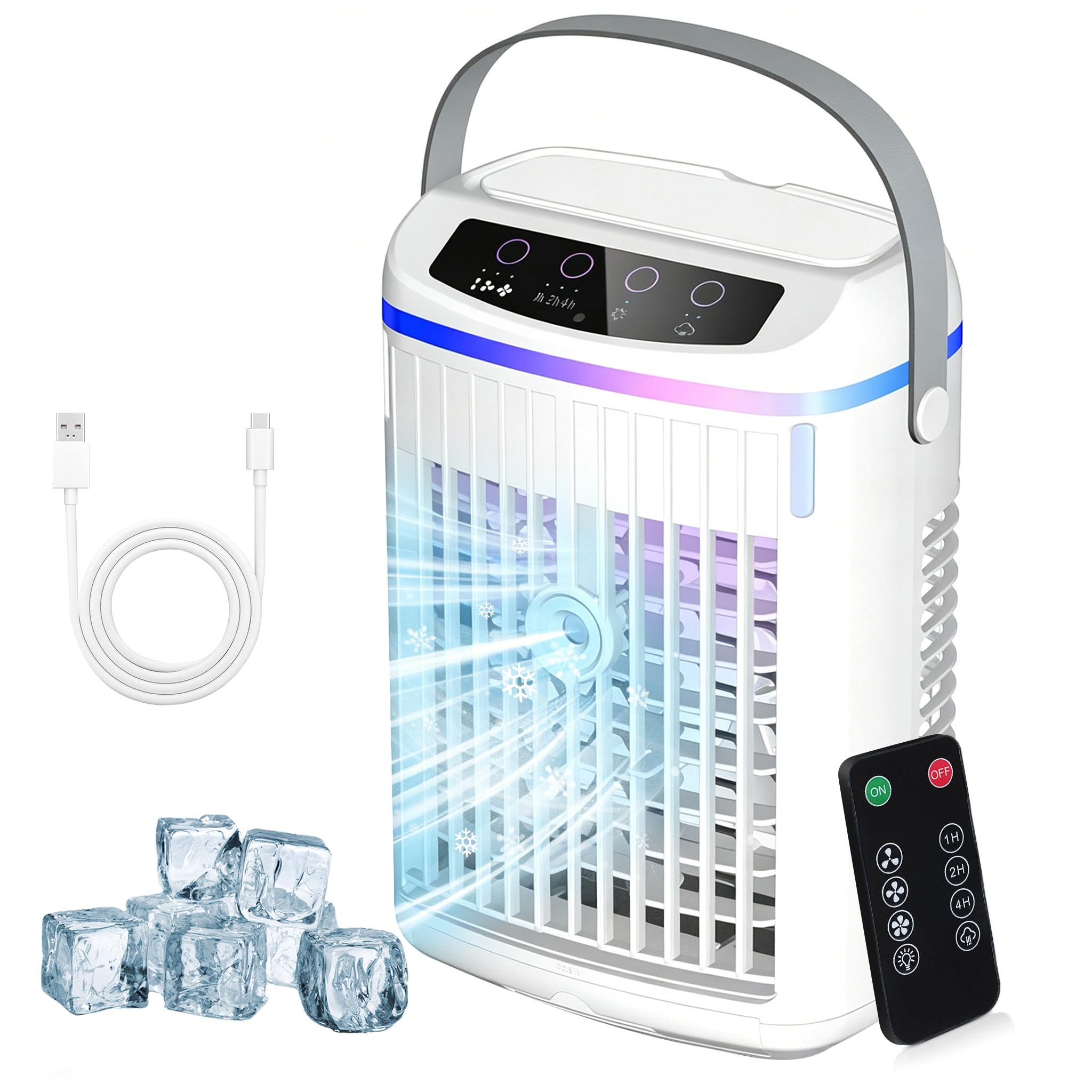 4 w 1 przenośny klimatyzator z pilotem zdalnego sterowania, mini klimatyzator 3 prędkości timer 2 tryby zimnej mgły i 7 RGB zbiornik 1000 ml wentylator wody do pokoju i biura