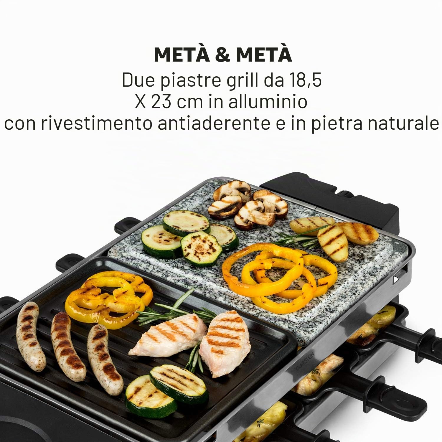 Klarstein Sirloin - Piastra per Raclette, Padelle per Raclette, 1500 Watt, 2 in 1: Alluminio e Pietra Naturale, Termoelemento in Acciaio Inox, Termostato Regolabile, per 8 Persone, Acciaio