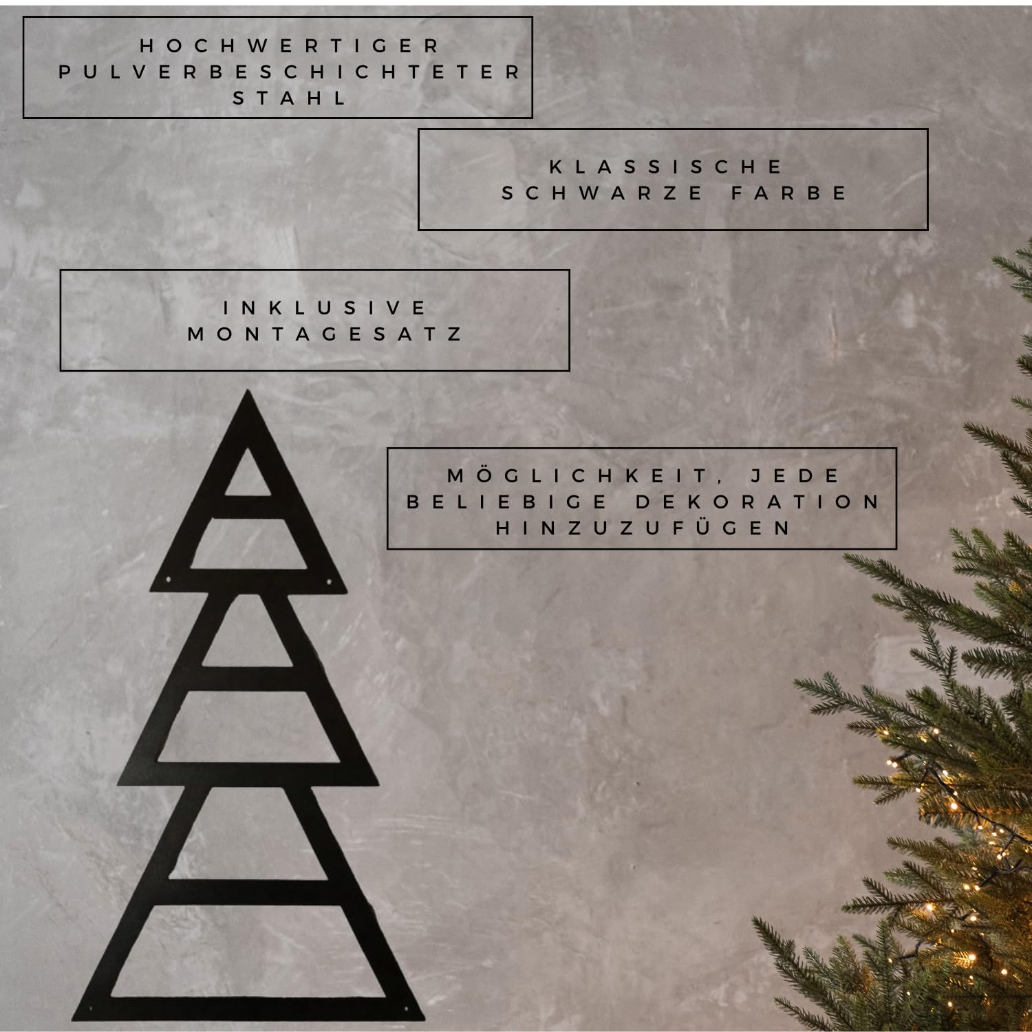 Albero di Natale in metallo nero, 80 cm x 45 cm, da appendere, decorazione natalizia per esterni, artificiale, albero di Natale, albero di Natale, decorazione da parete