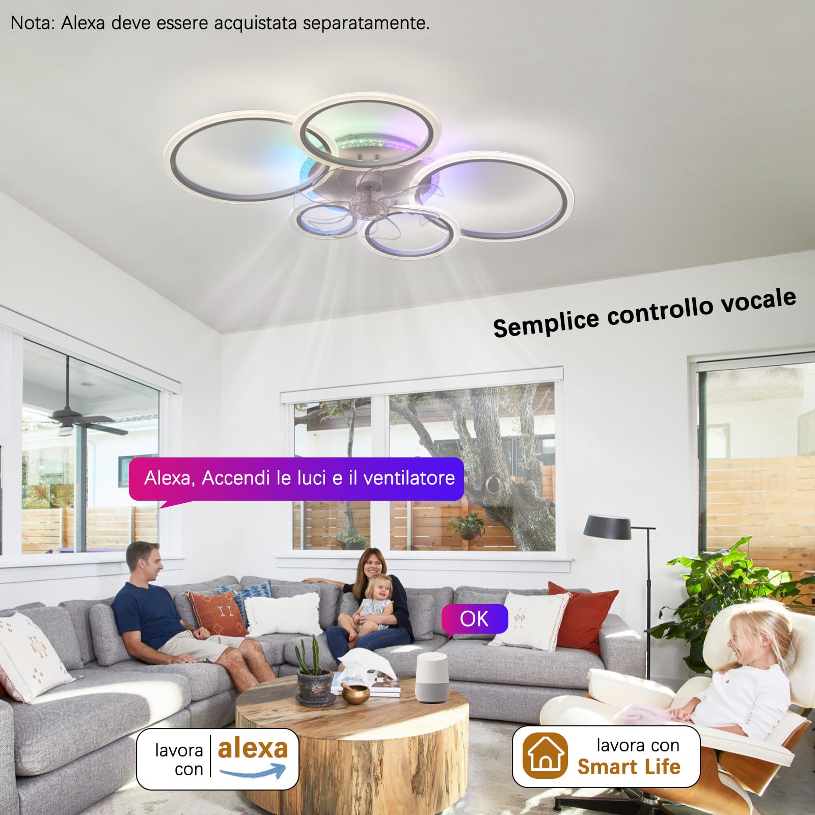 RGB Ventilatore da Soffitto con Luce Compatibile con Alexa 95cm | Reversibile Tempistica 6 Velocità,Dimmerabile Silenziosa Soggiorno Lampadario Ventilatore e Telecomando,Camera da Letto Sala
