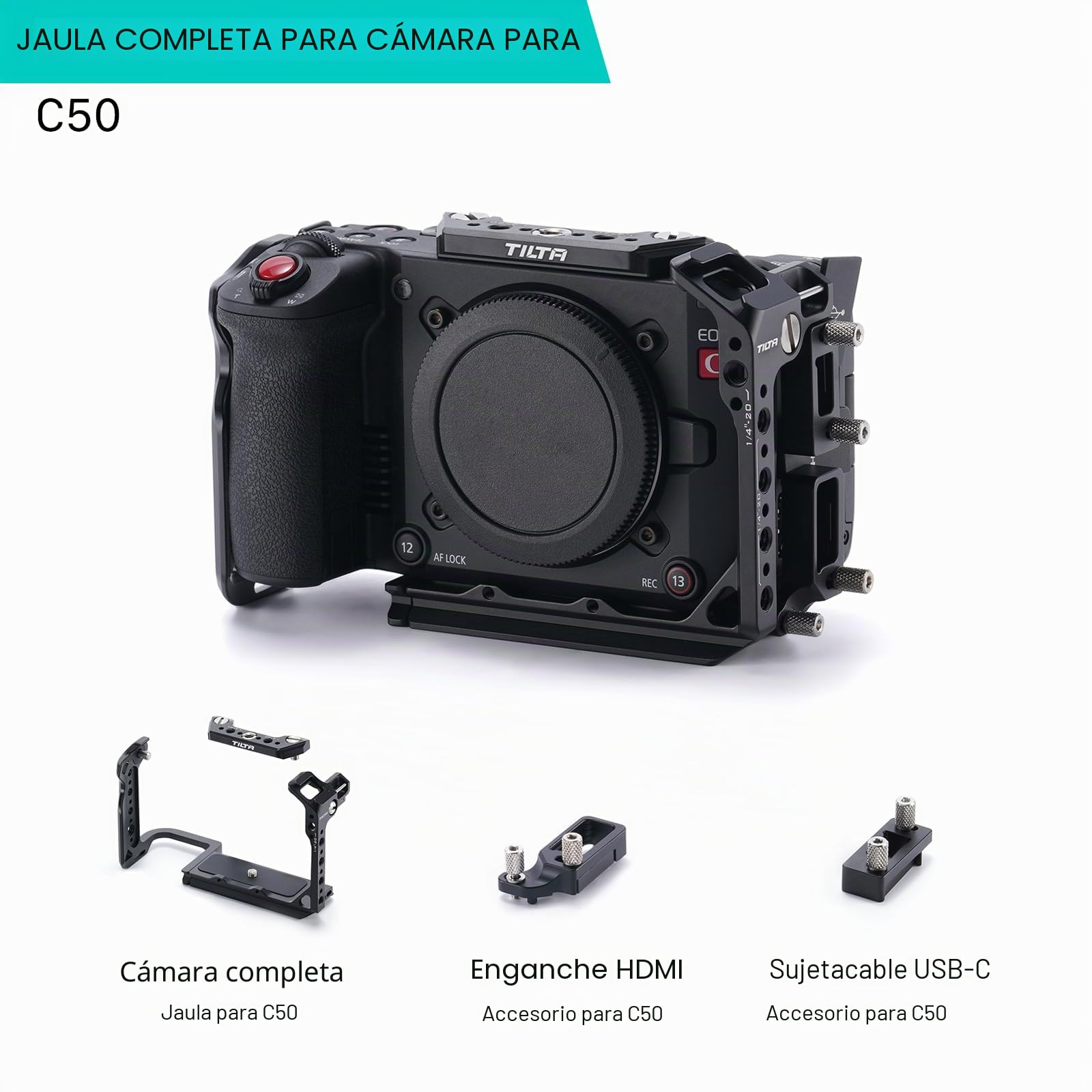 Tilta Jaula C50, Jaula Completa para Cámara Compatible con C50 con Abrazaderas para Cables - Negro TA-T93-FCC-B
