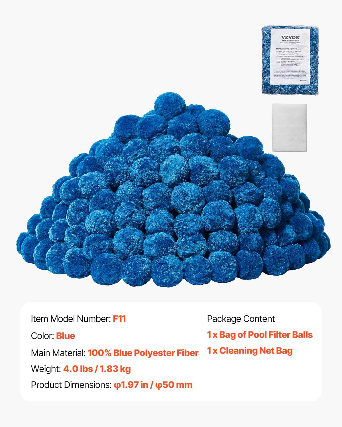 VEVOR Pool Filter Balls for Sand Filter, 4 lbs, Filter Balls Replace Pool Filter Sand, Reusable Blue Polyester Fiber Filter Media with Wash Bag, for Swimming Pool Aquarium Tank Above Ground Pool