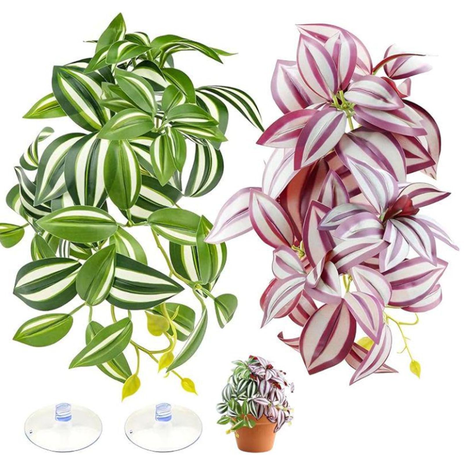 QhgPnt 2 Pack Reptile Plants for Terrarium, Artificial Leaves Habitat Decorations with Suction Cups, 3D Printed Wall Mounted Fake Hanging Plant For Reptile Tank Vivarium Decoration Gecko Accessories
