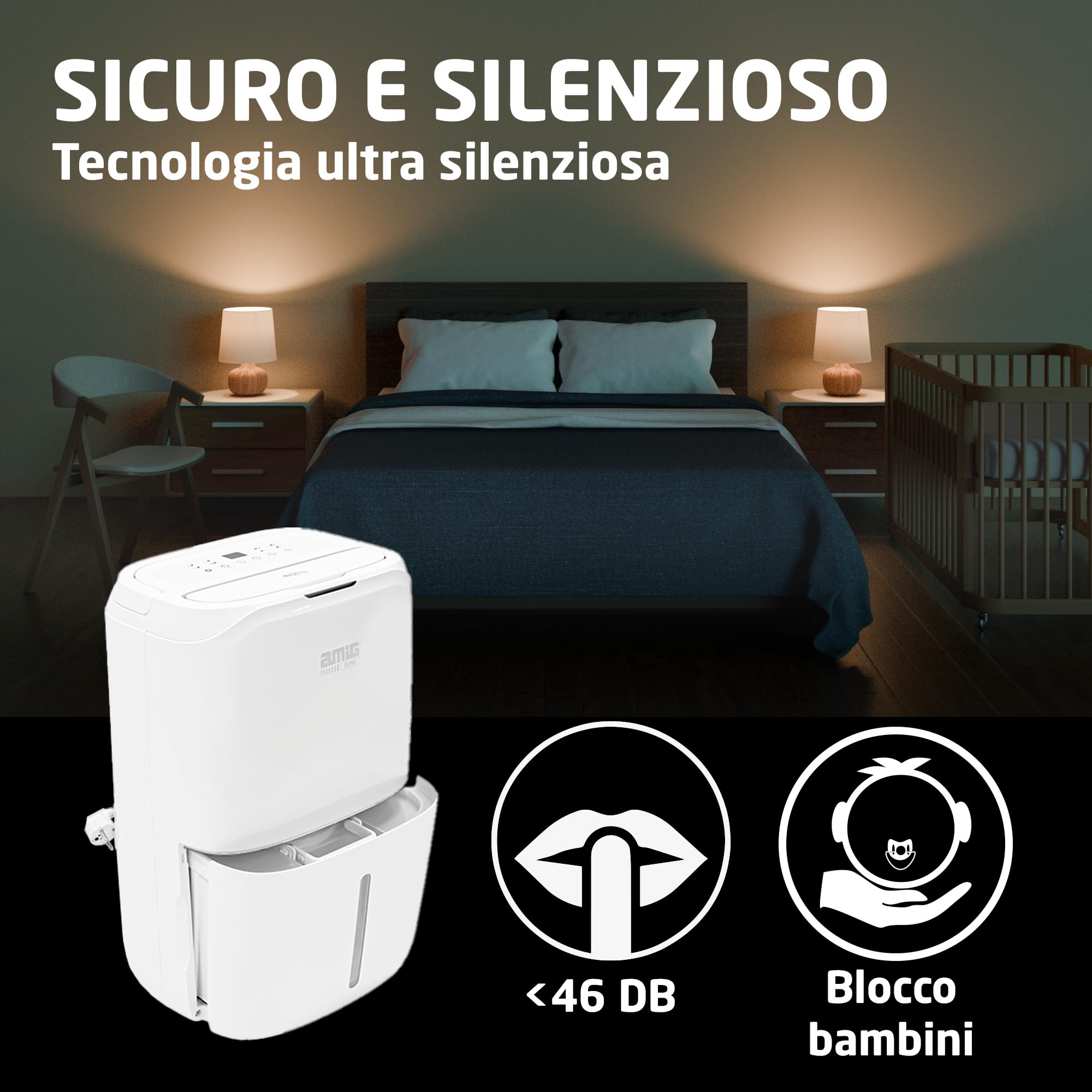Amig - Deumidificatore MIST - Capacità 20L/giorno - Serbatoio estraibile 5,5L - Controllo dell’umidità e Timer - 36 x 28 x 56 cm - 270W - Copertura 160m³/h - Silenzioso 42 dB - Asciugatura bucato