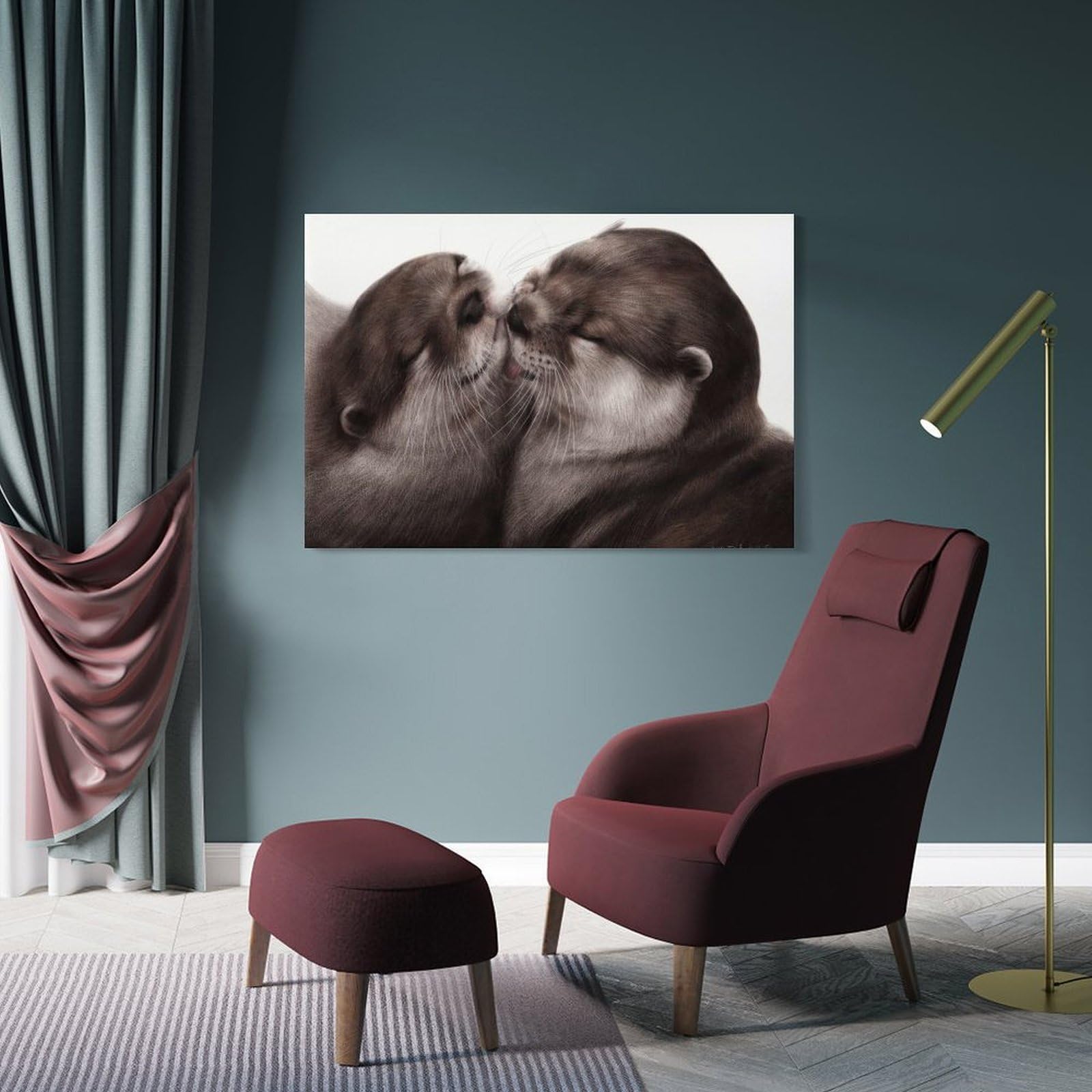 Junmoney Kissing Otters Decorative Canvas Print 24x36inch(60x90cm), for Corridors, Hallways Or Apartment Entries, Decorative Wall Art for Narrow Spaces