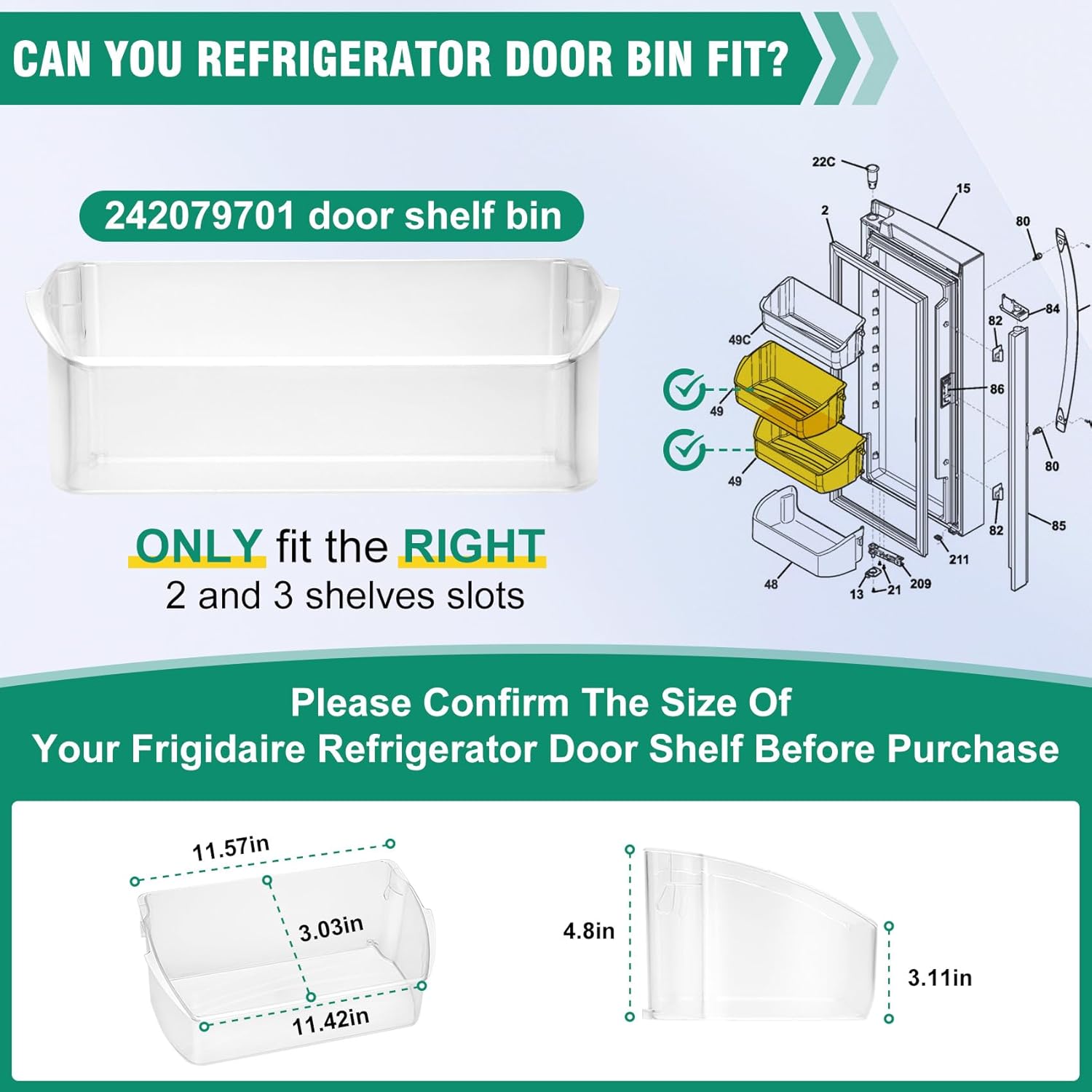 UPGRADED 242079701 Refrigerator Door Bin Compatible with 242011501 Door Bin Replacement Parts 242011503 242011504 AP5270343 EAP3497801 FGHB2868TF FFHB2750TS LGHD2369TF Door Bin
