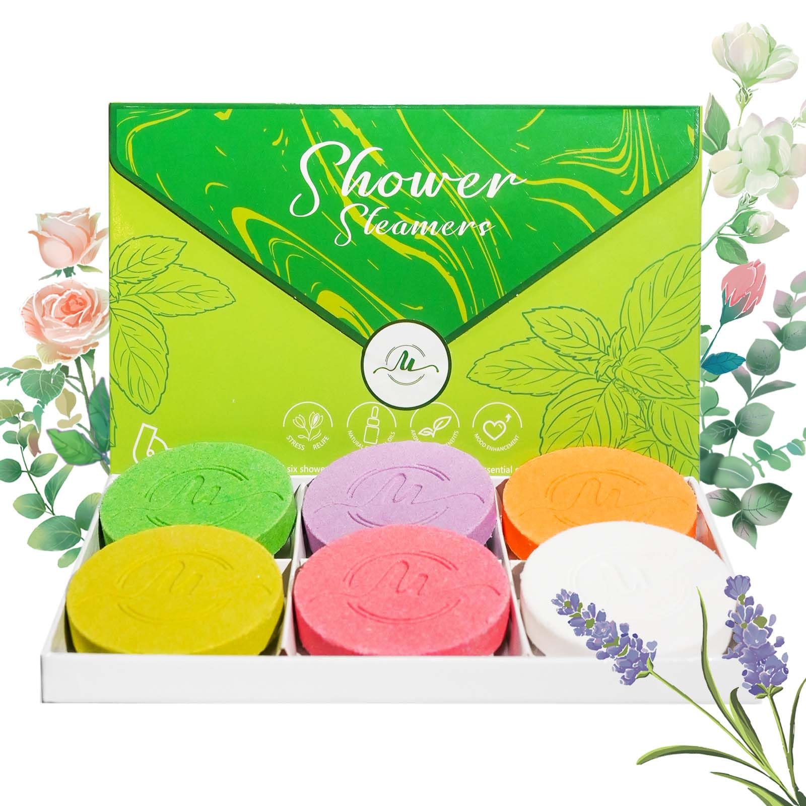 Shower Steamers Aromatherapy - Valentine's Day Gift for Women, Gift Box of 6 Premium Shower Bombs with Essential Oils, Relaxing Home Spa, Stocking Stuffers for Family, Green