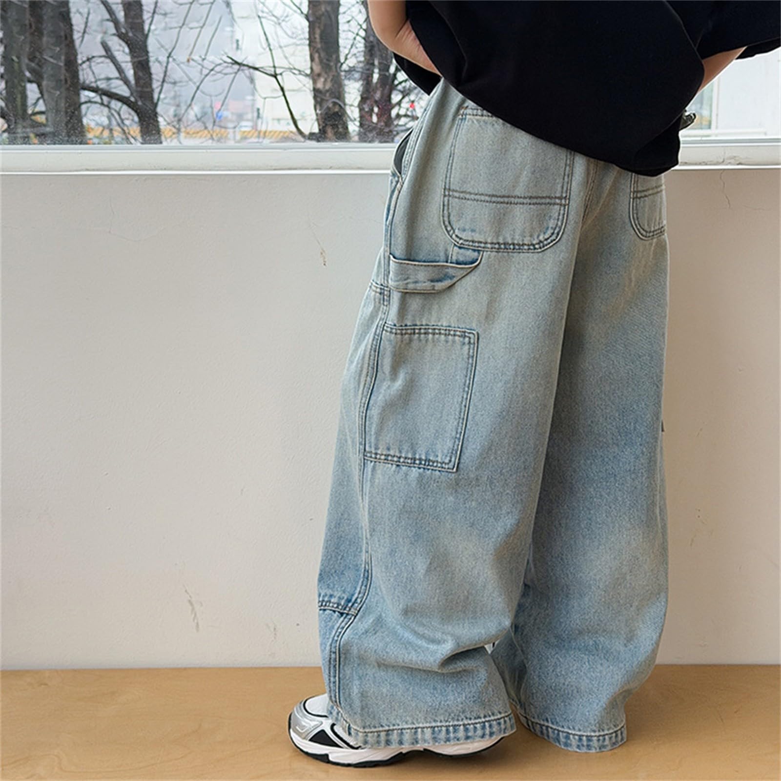 Jeans Baggy Jungen Cargohosen Geradem Bein Denim Hose Streetwear Retro Kinderhosen Loose Fit Hose Wide Leg Outdoor Freizeithose Teenager