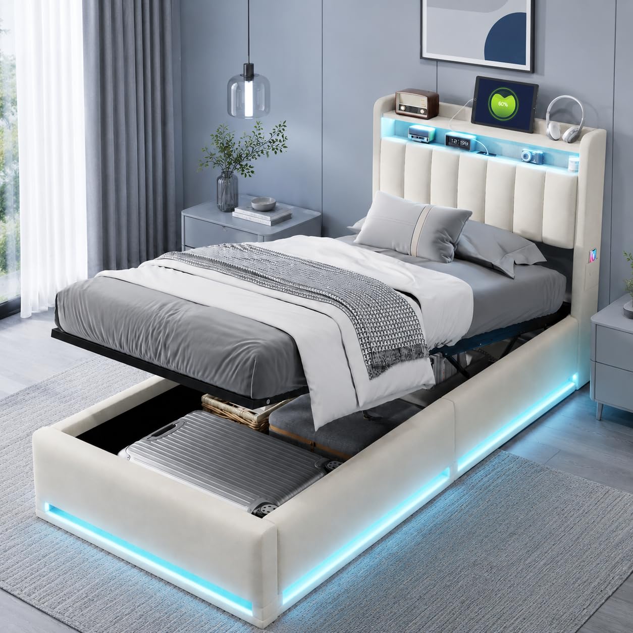 3ft Single Beige Upholstered Ottoman Bed Frame with Hydraulic Lift Storage