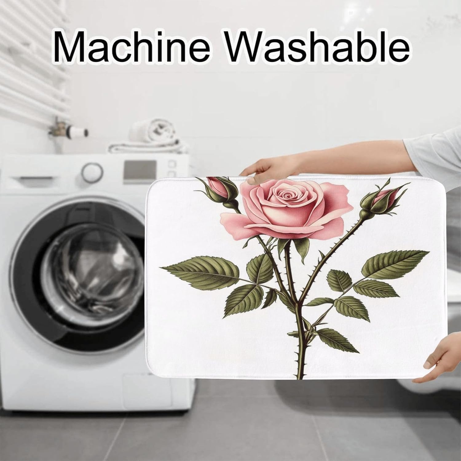 3 Piece Detailed Digital Rose Illustration, Pink Bloom Bathroom Rugs Set, Non-Slip Absorbent Microfiber Bath Mat Set with U-Shaped Toilet Mat for Bathroom Tub Shower