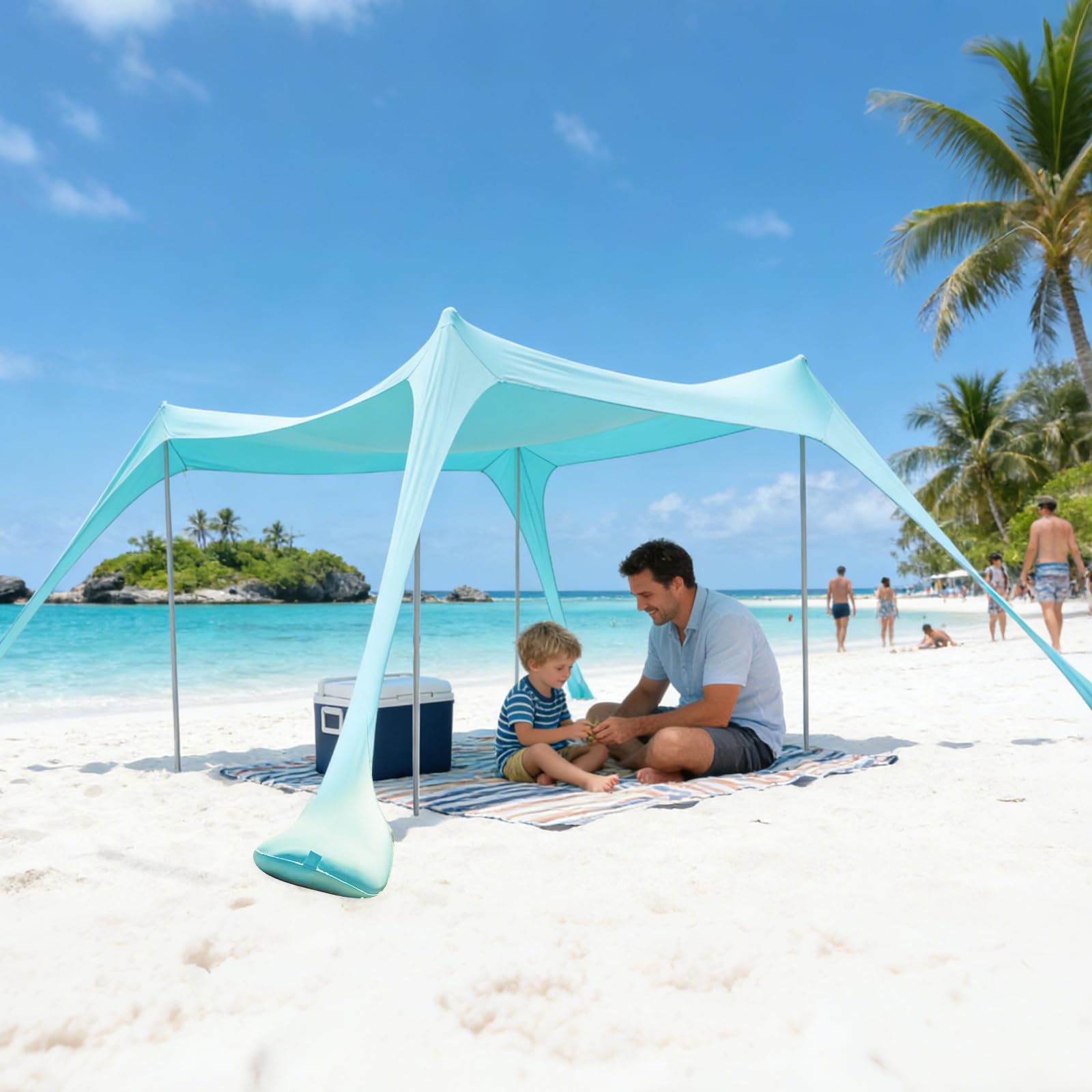 Sonnenschutz Strandzelt mit UPF50+ 2.2 x 2 x 1.6 m Strand Sonnensegel mit Sandschaufel & Erdnägeln - Strandmuschel UV Beach Tent leichte Strandüberdachung für Camping, Picknick, Garten (Turquoise)