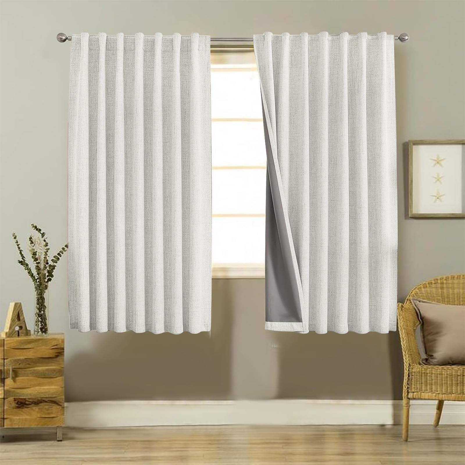 Joydeco 100% Cortinas Opacas 2 Piezas, Lino Cortinas Dormitorio con Pasadores Anti Luz Cortina Termica Aislantes Frio y Calor para Salon（2x137x117，Beige Claro）