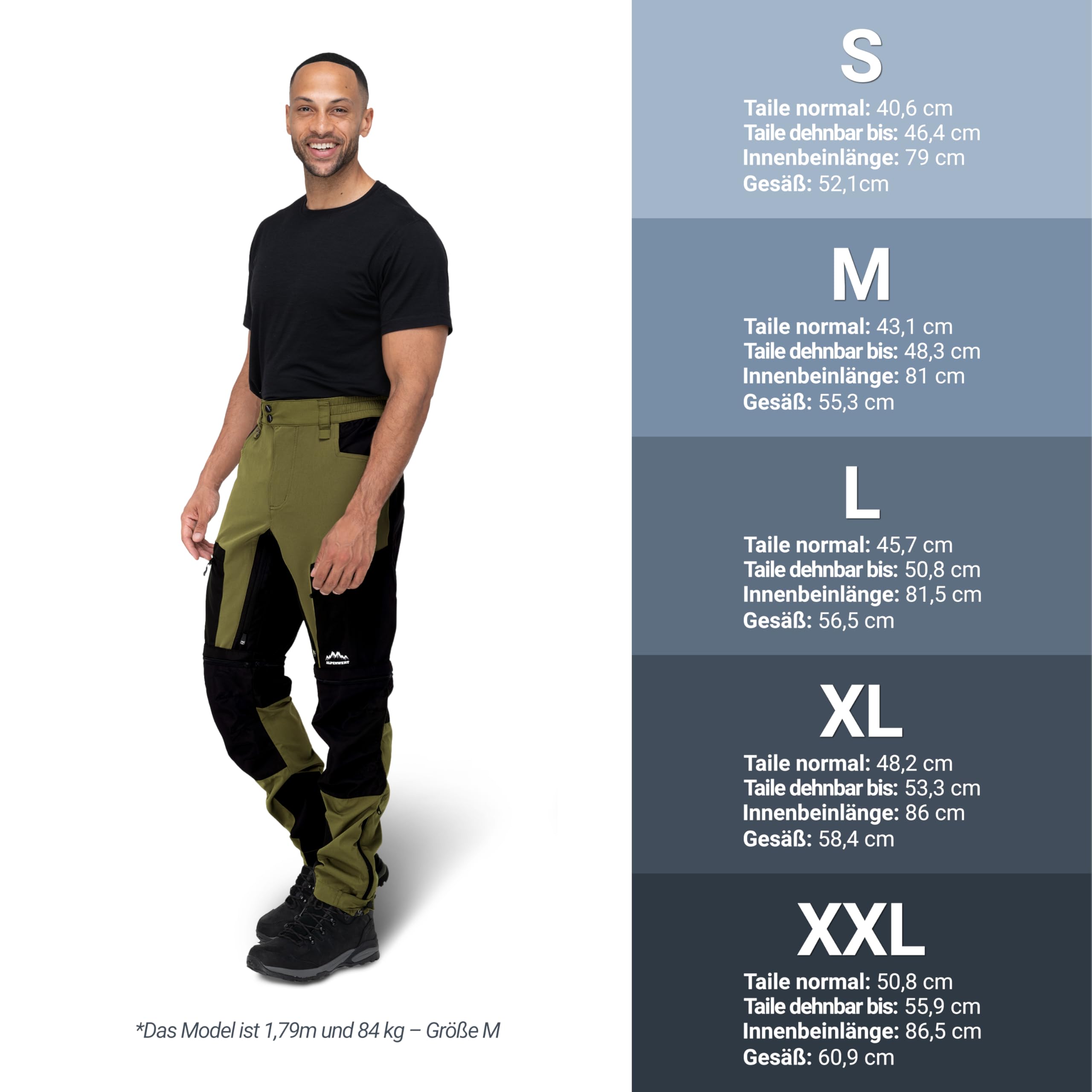 ALPENWERT Pantaloni da trekking da uomo con zip off, impermeabili, elastici con ventilazione, tasche laterali, tasca posteriore e custodia per cellulare, ideali per trekking ed escursioni [nero o