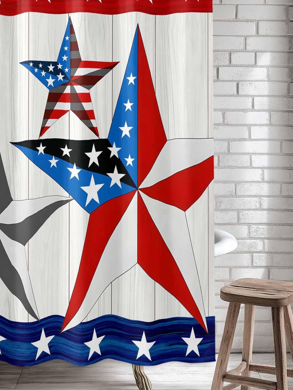 Shower Curtain for Bathroom Sets American Flag Star on Wood Board Home Decoration Durable Fabric Machine Washable Curtains with Hooks, Memorial Day