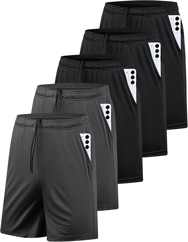 AKAWOOKO Paquete de 5 pantalones cortos deportivos para hombre con bolsillos de secado rápido para entrenamiento y correr para hombre