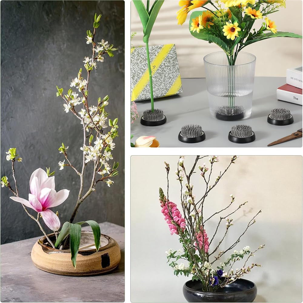 4 Sizes Round Flower Frogs with Alignment Tool & Cleaning Brush, 0.9/1.3/1.6/2 inch Stainless Steel Flower Arrangement Kit Floral Pin Holder Vase Arranger for Home DIY Decor & Crafts, Silver