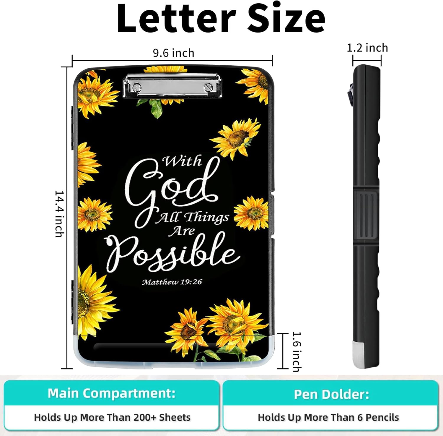 Clipboard with Storage,A4 Storage Clipboard,High Capacity Clipboards,Clipboard Storage with Clip and Pen Holder,Coaches Clipboard Folder Case-Sunflower Matthew 19:26