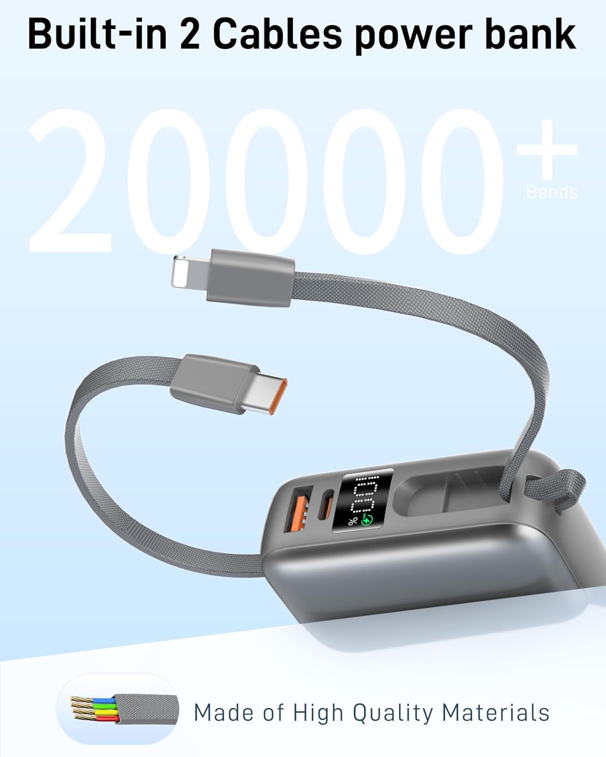 VINKO Portable Charger with Built in Cable Smallest Power Bank 22.5W 20000mAh Fast Charging USB C in & Out LED Display Phone Battery Pack Compatible with iPhone Samsung Android Phones Tablets (Gray) - Image 4
