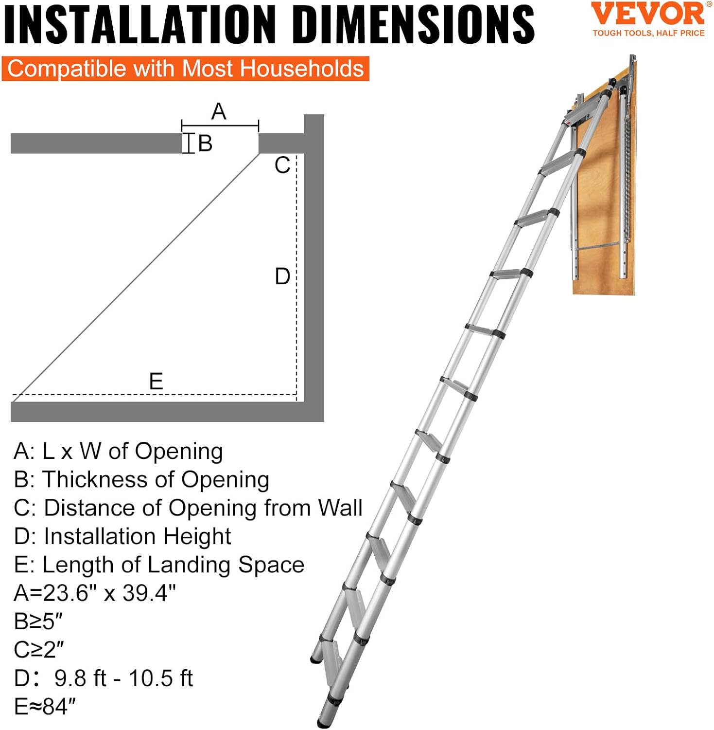 VEVOR Attic Ladder Telescoping, 350-pound Capacity, 39.37" x 23.6", Multi-Purpose Aluminium Extension, Lightweight and Portable, Fits 9.8'-10.5' Ceiling Heights, Convenient Access to Your Attic Standa