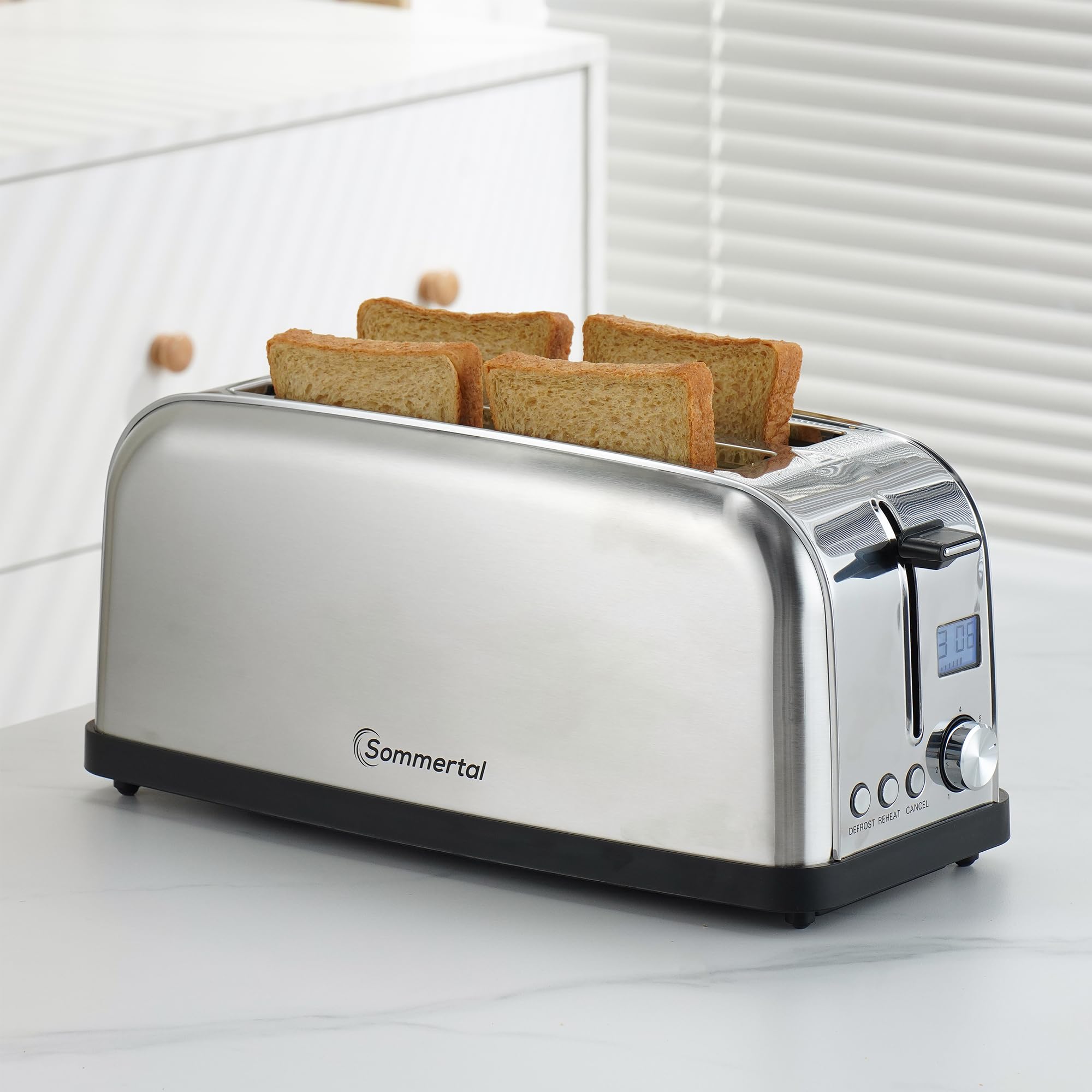 Sommertal ST1500 XXL - Tostadora de 4 rebanadas de acero inoxidable con accesorio para panecillos, pantalla digital con temporizador e indicador de funcionamiento residual, 1500 W, 7 niveles, función