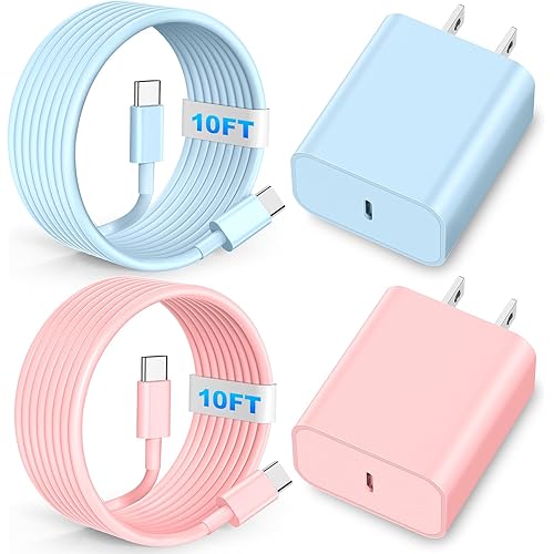 Charger Fast Charging, 20W Type C Wall Charger Block with 10FT Long USB C Charging Cable Cord for Phone 15 16 17 Plus/Pro Max/Pro - Pink Blue