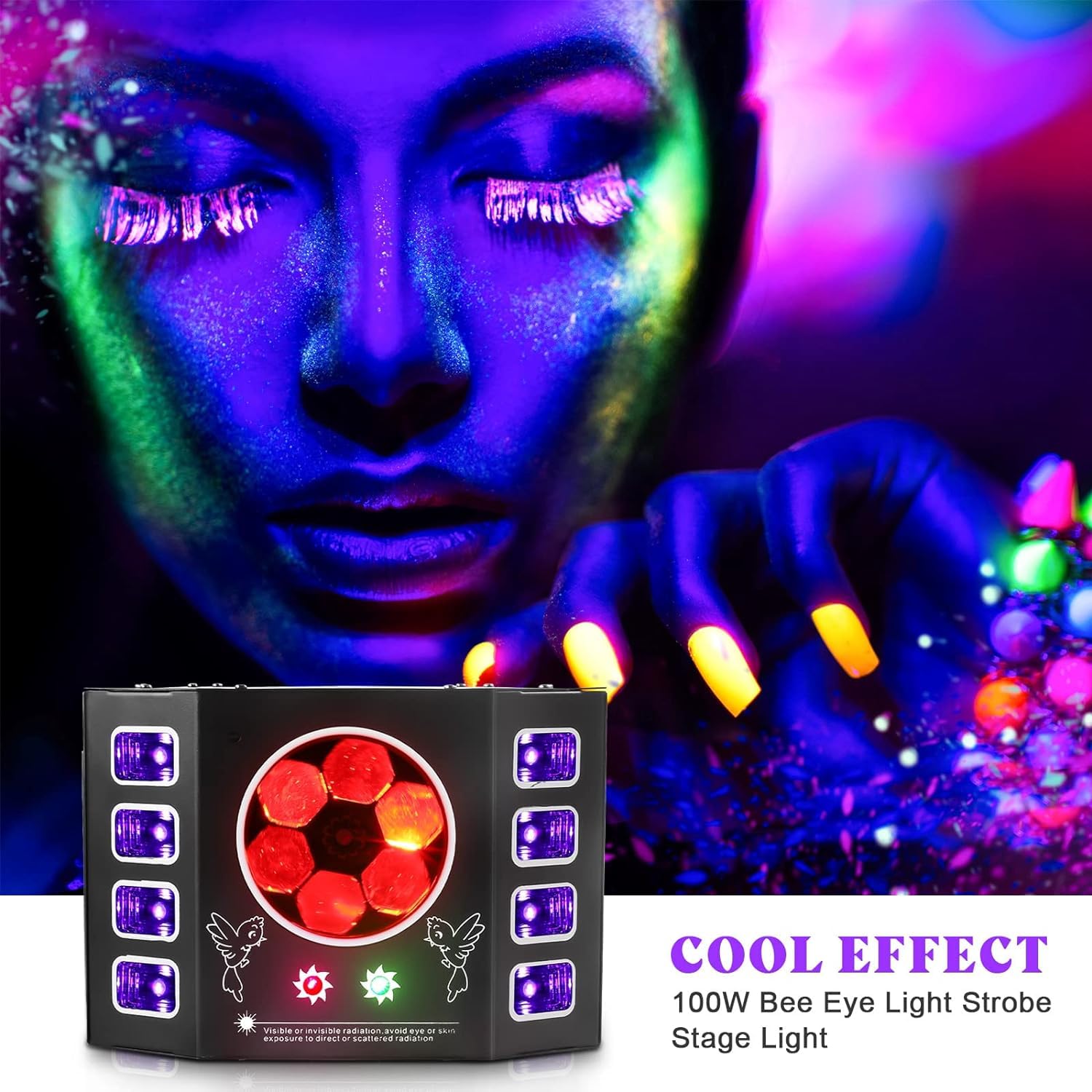 Jeu de Lumiere, lumière disco 100W, lumière de fête, œil d'abeille, lumière flash UV, 14 canaux DMX avec commande vocale, télécommande, convient pour mariage, fête d'anniversaire, Halloween