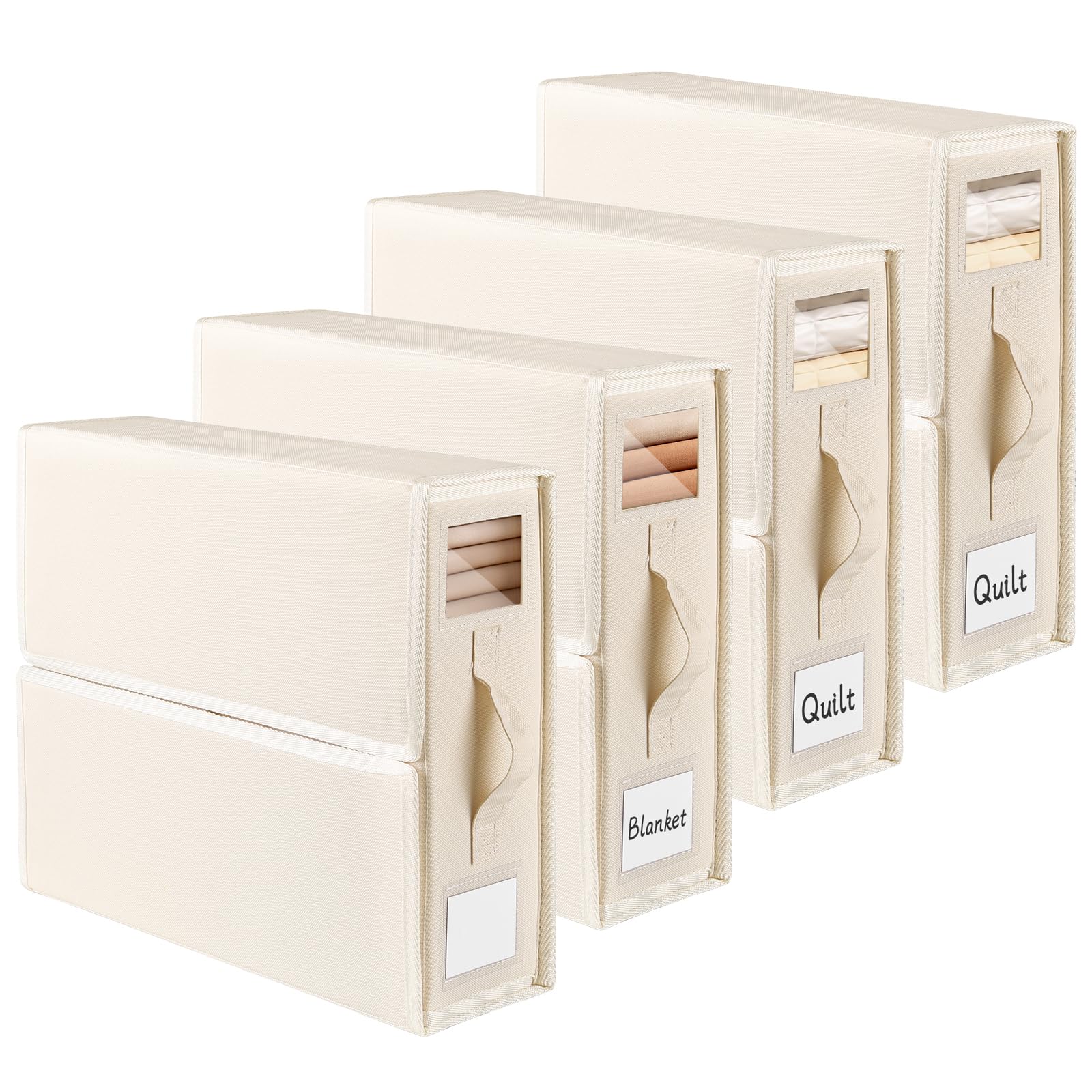 Lot de 4 Sacs de Rangement pour Drap de Lit, Tissu Oxford Boîte de Rangement Pliable avec FenêTre & Étiquette pour Sous les Lits, les Armoires, les Tiroirs (Beige)