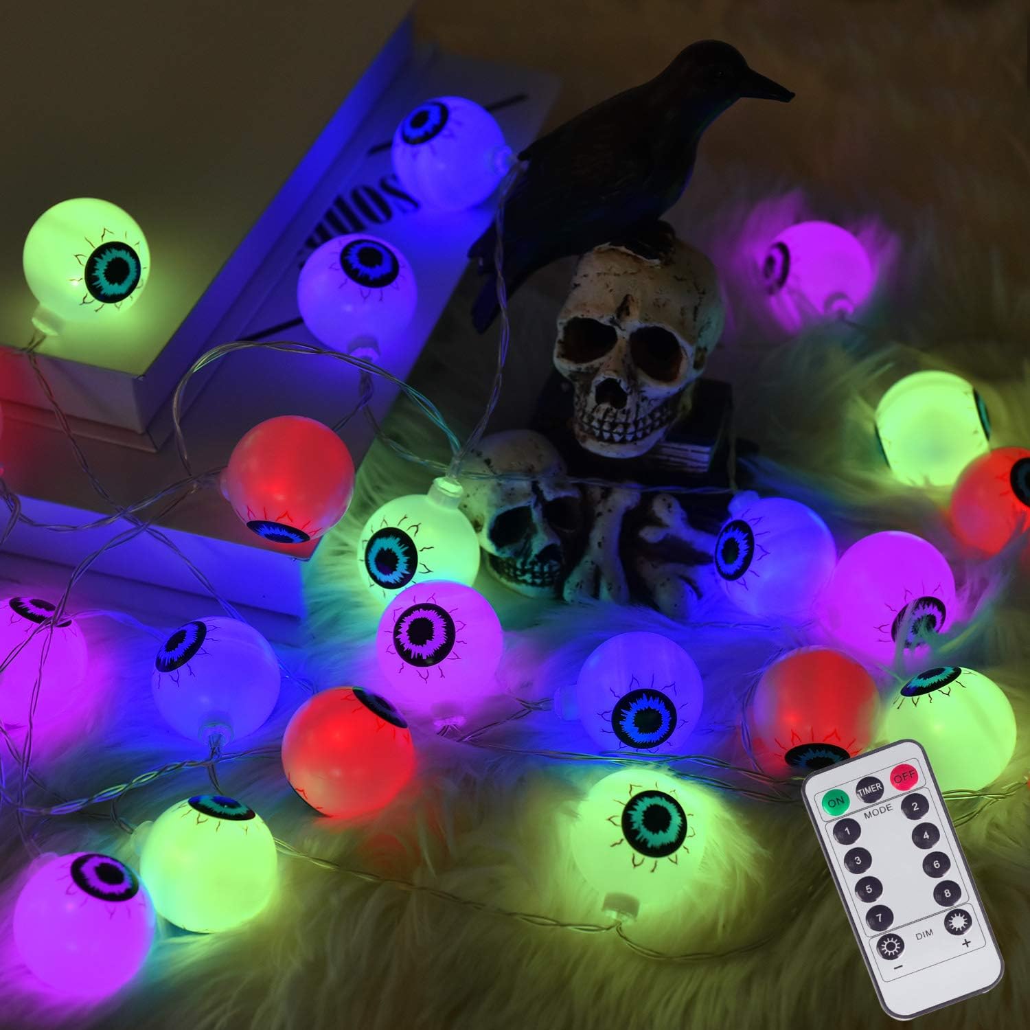 ILLUMINEW 30 LED Halloween Eyeball String Lights, 8 Modes Fairy Lights with Remote, Waterproof Battery Operated Halloween Lights for Outdoor Indoor Party Christmas Halloween Decoration (Multi Color)