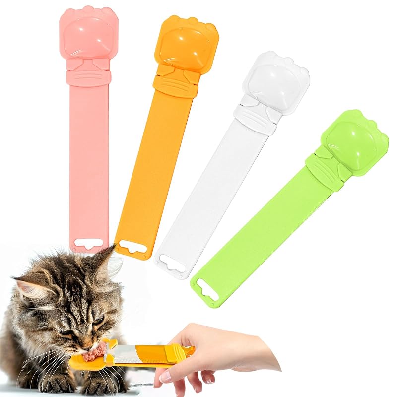 Colher dosadora para petiscos líquidos de gatos com mecanismo de pressão BAEJMJK, pacote com 4