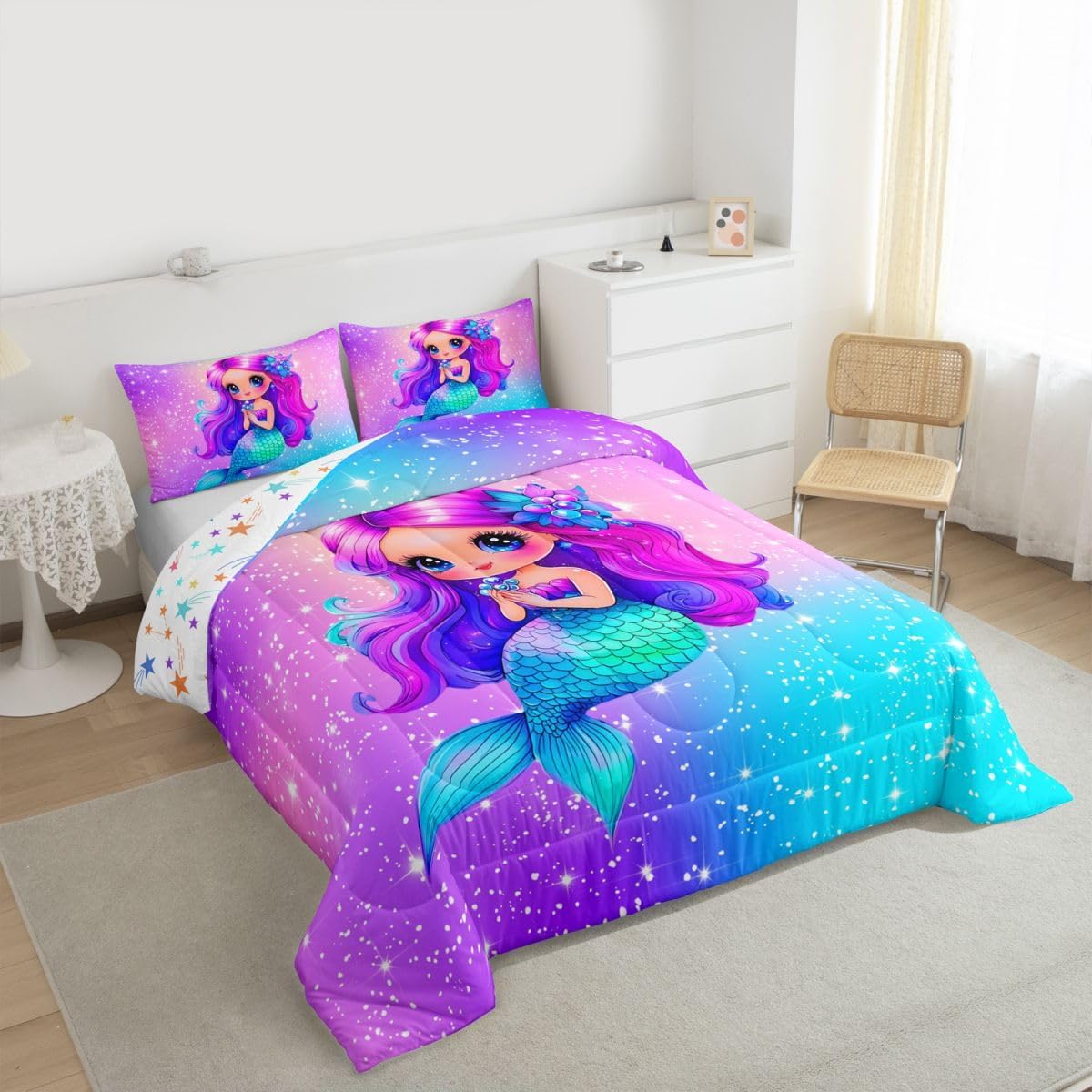 Feelyou Mermaid Kids Comforter Set Twin Size Princess Decor Bedding Set Glitter Rainbow Duvet Quilt for Kids Boys Girls Bedroom Ocean Life Sea Animal Decor Microfiber Ultra Soft Breathable