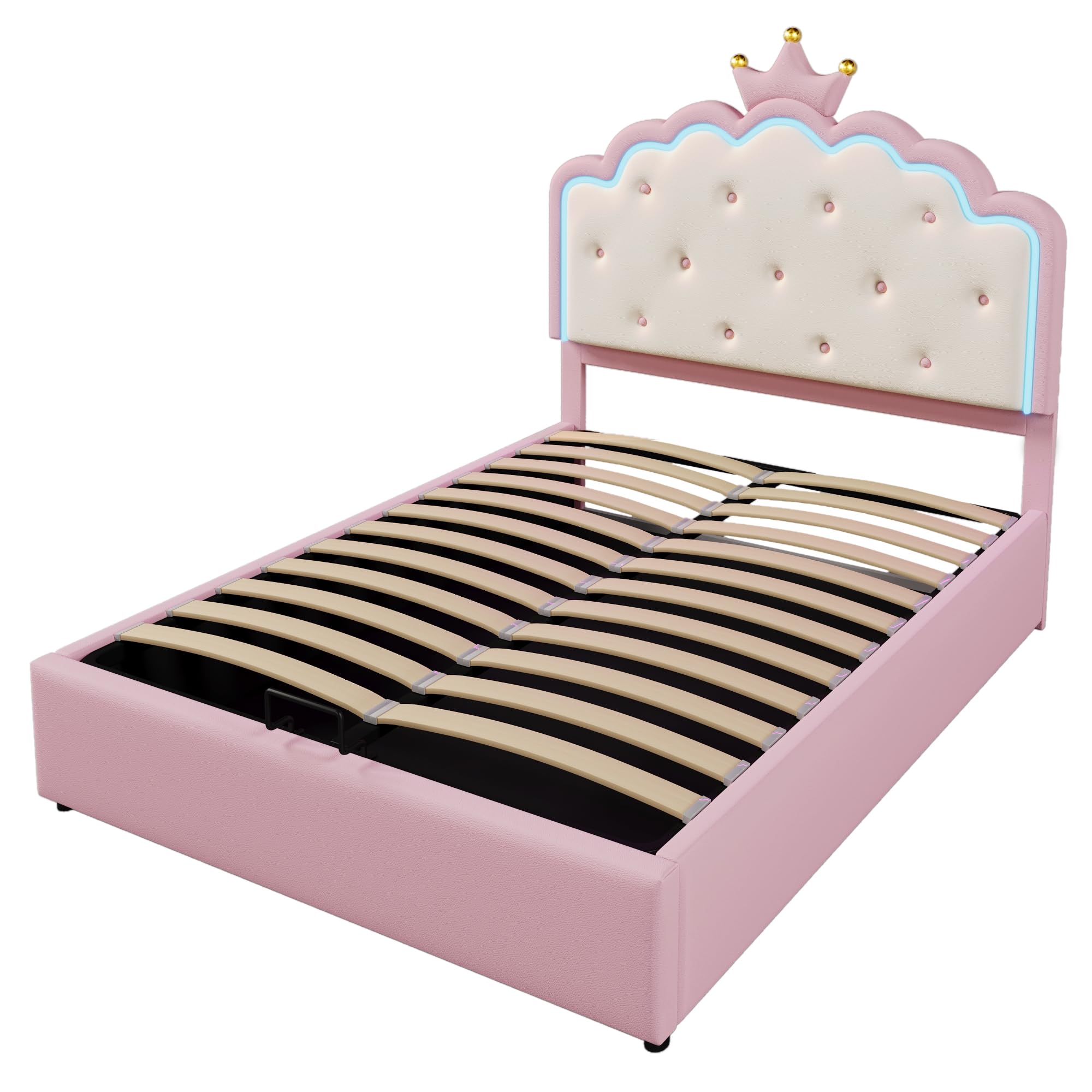 Cama tapizada de con somier de láminas (sin colchón), iluminación Ambiental LED, Forma Princesa, almacenaje hidráulico, Material PU, Color Rosa 140 x 200 cm
