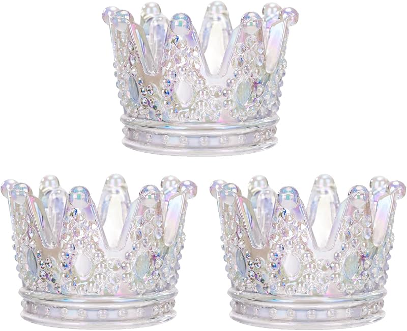 Conjunto TREEWOO com 3 suportes de vidro iridescente em formato de coroa