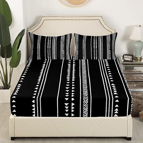Miniatura 3 de Juego de ropa de cama rústica estilo bohemio, tamaño King, color negro y blanco, diseño azteca a rayas geométricas simples triangulares, para niños,