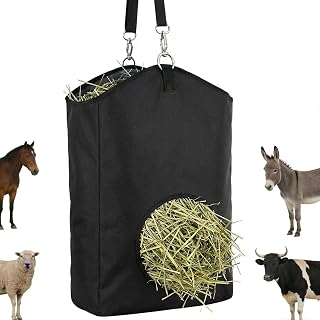 Goat Hay Feeder & Horse Hay Bag - 600D Heavy Duty Oxford Slow Feed Tote with Upgraded Metal Hooks - Adjustable Large Capacity Carrier for Sheep, Alpacas, Cattle in Trailer & Stall(1pcs)