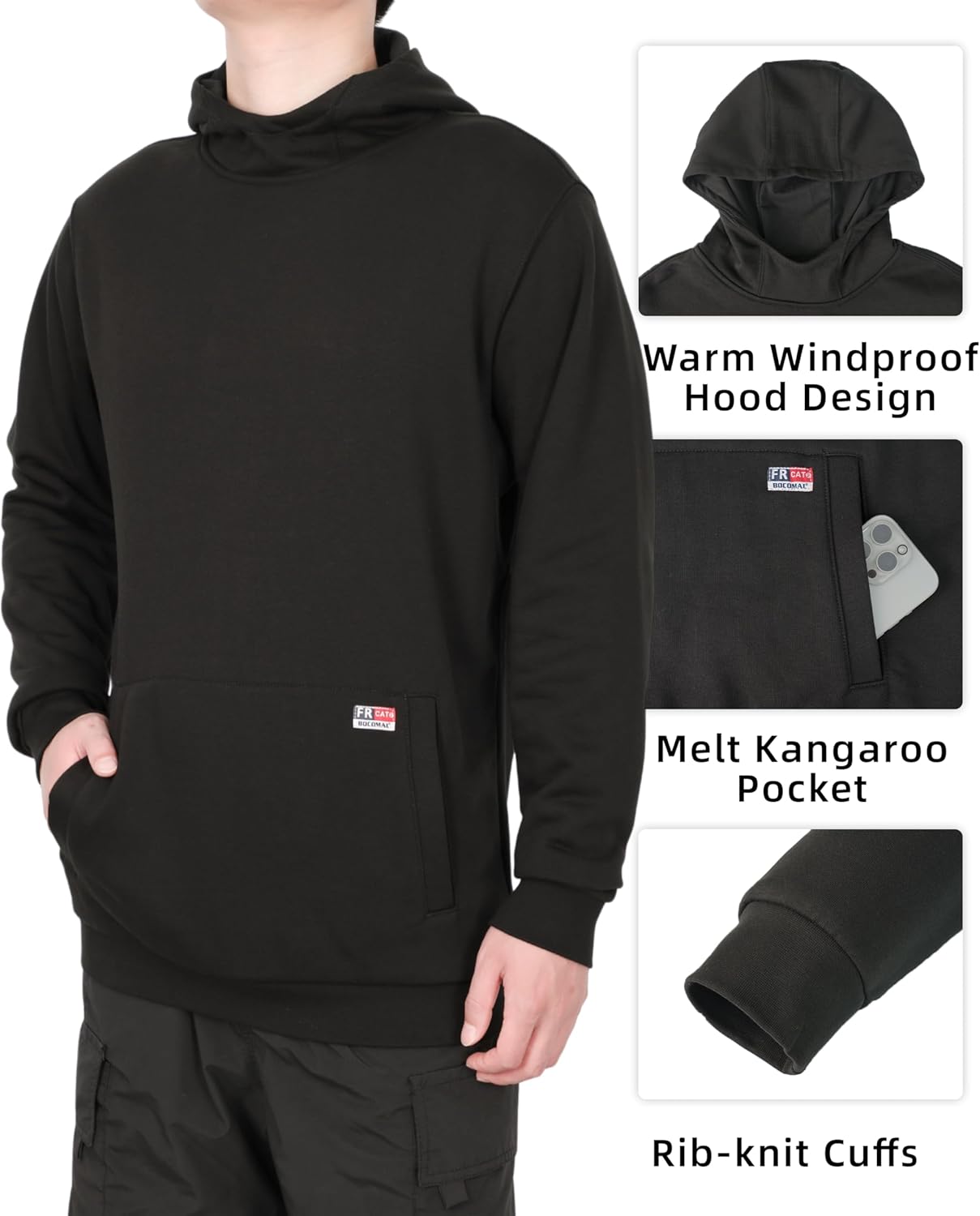 BOCOMAL FR Hoodies Pullover 12.5oz Heavyweight Permanent Flame Resistant Modacrylic Cotton Hooded Sweatshirts - Image 3