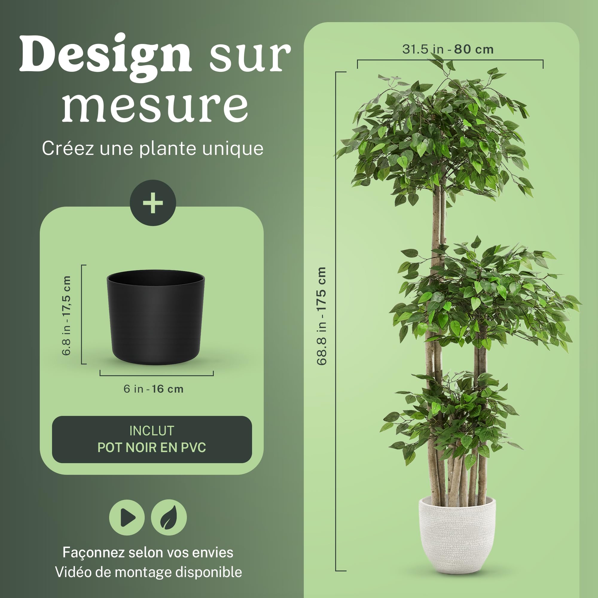 Maia Shop | Ficus Artificiel | Plantes Artificielles Interieur | Plante Artificielle | 3 Cimes Mesures: 175 x 80 cm | Fausse Plante | Arbre Artificiel | Decoration Maison