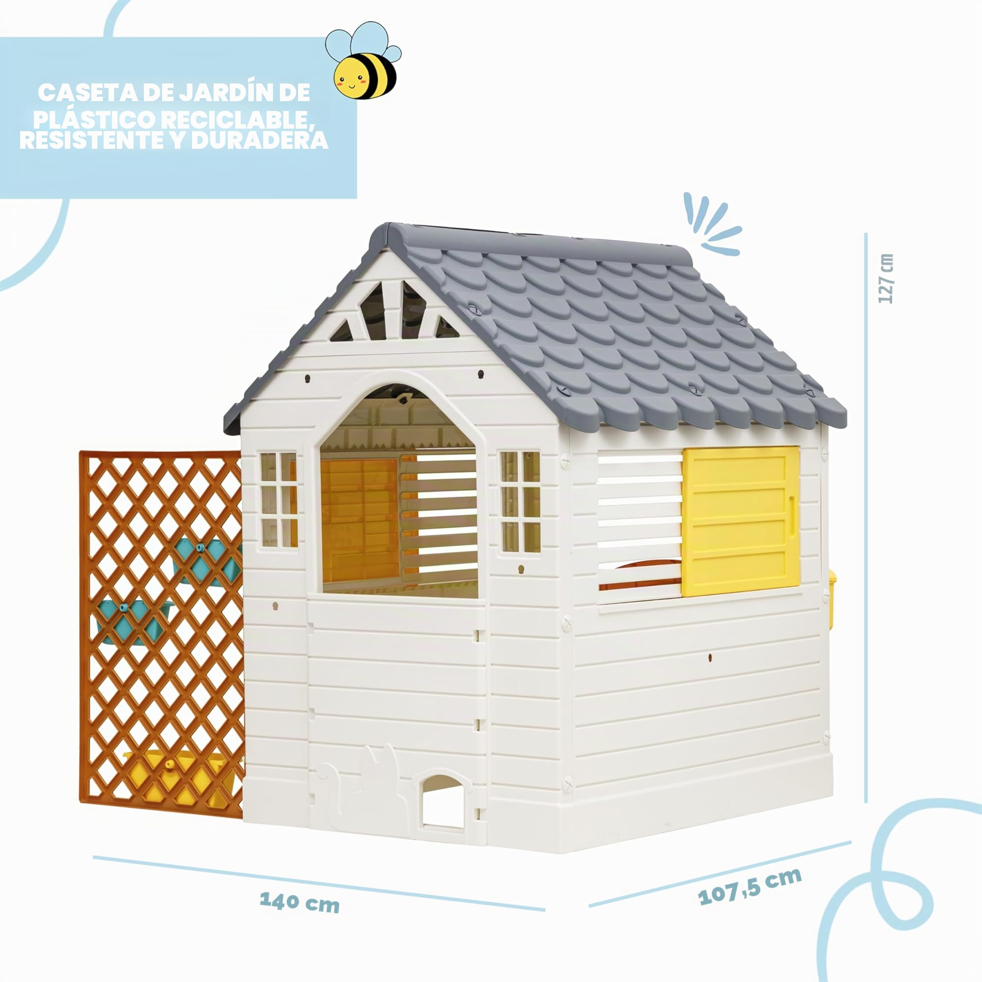 Baroni Toys Casa de Jardín Infantil con Valla 140x108x127 cm Plástico Puerta Ventanas Abren Timbre Eléctrico Pizarra
