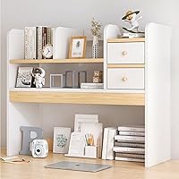 Vista 7 de Estante pequeño para escritorio de oficina, estantería de escritorio de madera para computadora, estante de escritorio con cajones, estante