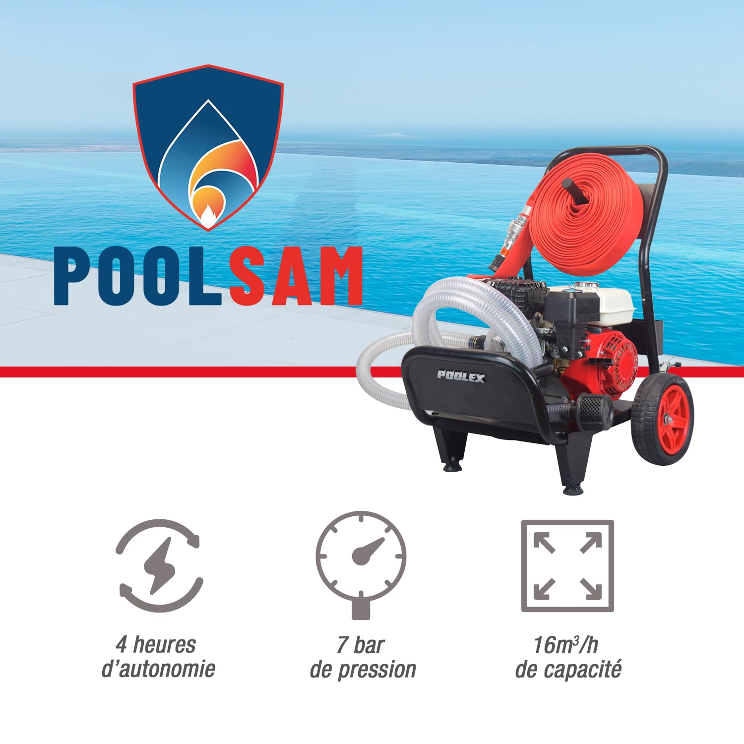 POOLEX Pool Sam - Motopompa antincendio boschivo Portata 16 m³/h - Autonomia 4 Ore - Distanza Tubo 25 m - Portata 25 m - Motore Termico 7 HP - Pressione Bar 7