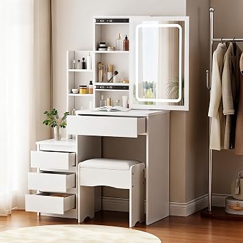 Dressing Table with LED Lighting Mirror, 3 Lighting Modes Adjustable Brightness,Vanity Table,Makeup Desk with 4 Drawers and 3 Storage Shelves, Modern White (A3)